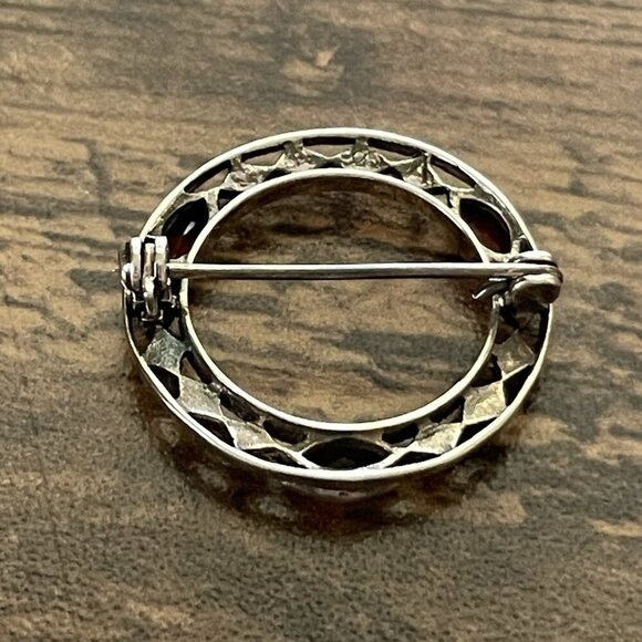 Vintage Sterling Silver Circle Pin Marquise Cut Garnet Marcasite Art Deco Style - Picture 5 of 6